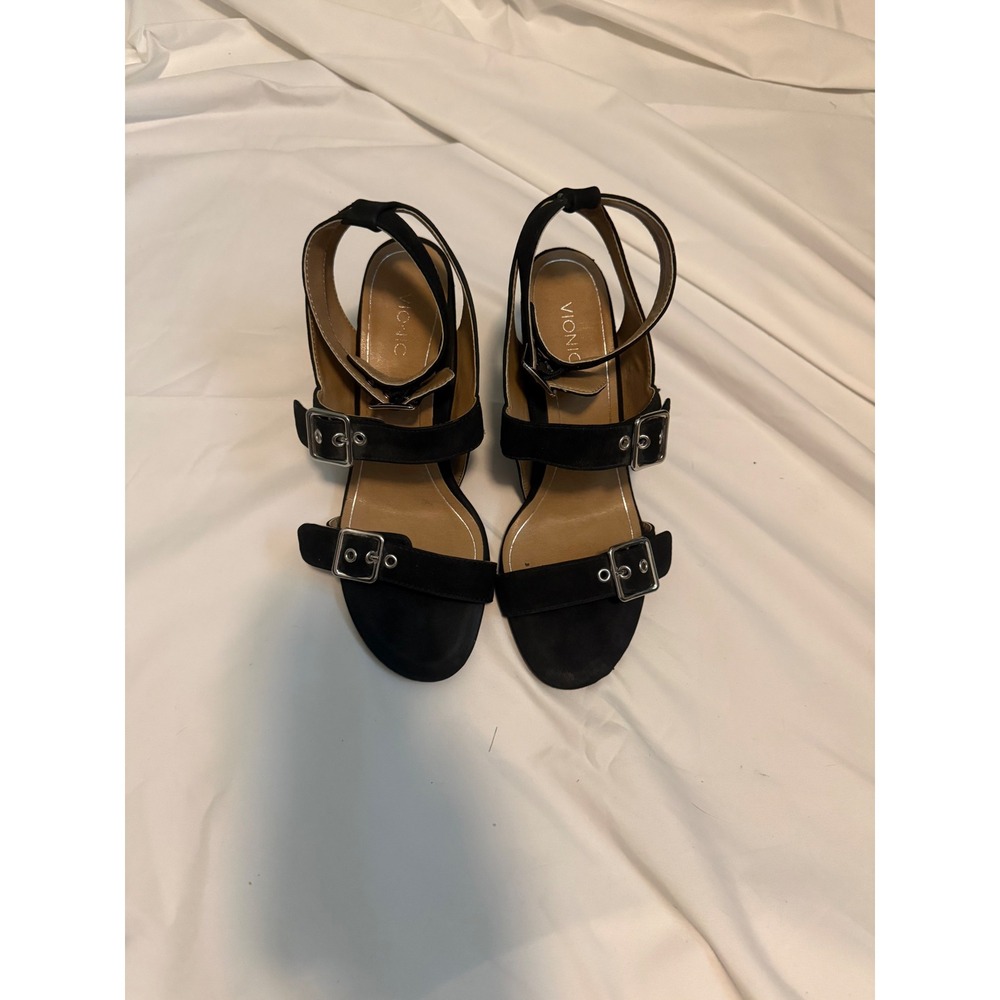 Vionic Carmel Black Suede Multi Strap Block Heel Sandals Womens 9.5 TVW4961